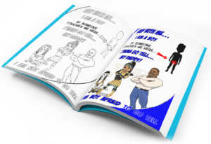 A book with a cartoon of people and words